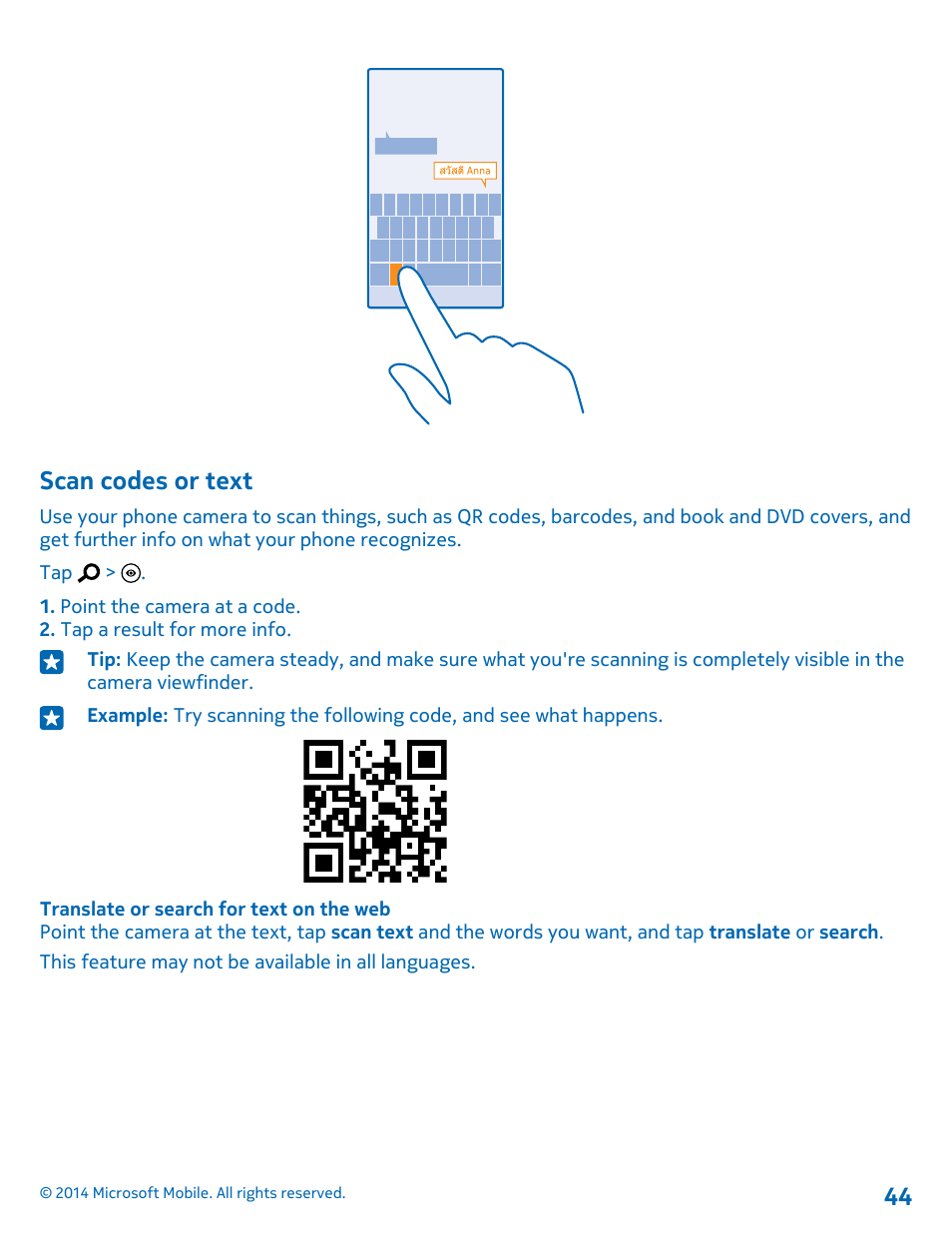 Scan codes or text | Nokia Lumia 520 User Manual | Page 44 / 113