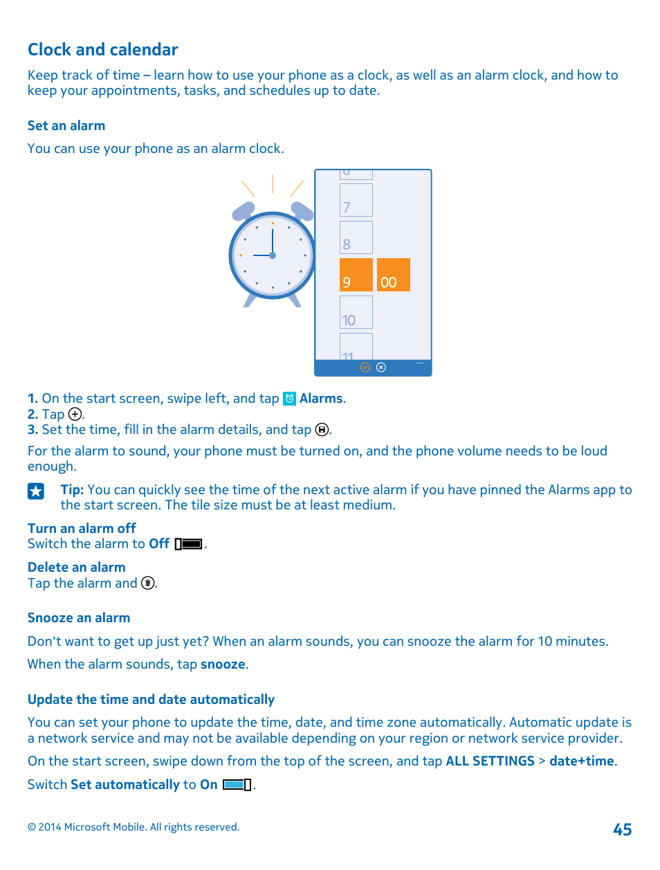 Clock and calendar, Set an alarm, Snooze an alarm | Update the time and date automatically | Nokia Lumia 520 User Manual | Page 45 / 113