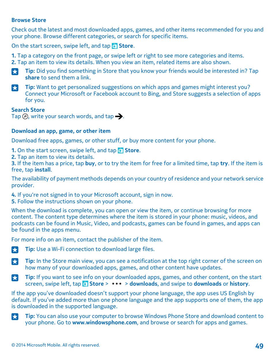 Browse store, Download an app, game, or other item | Nokia Lumia 520 User Manual | Page 49 / 113