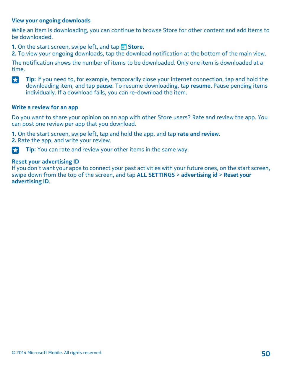 View your ongoing downloads, Write a review for an app | Nokia Lumia 520 User Manual | Page 50 / 113