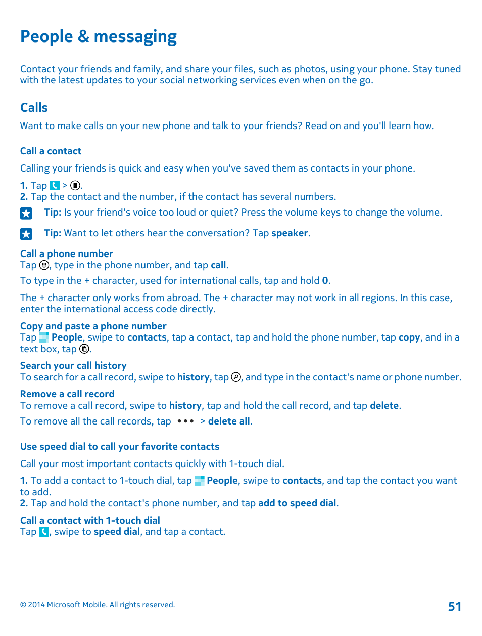 People & messaging, Calls, Call a contact | Use speed dial to call your favorite contacts | Nokia Lumia 520 User Manual | Page 51 / 113