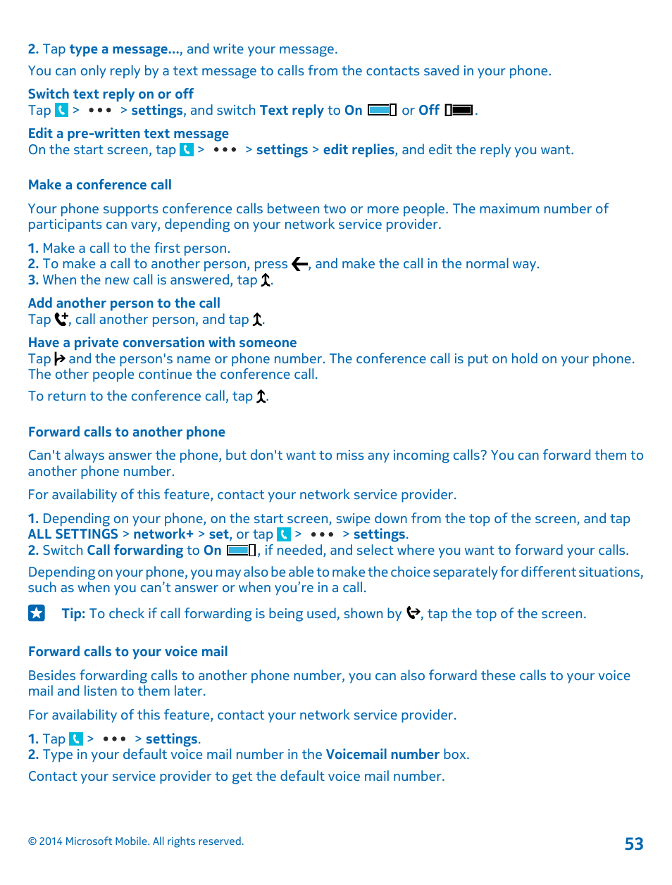 Make a conference call, Forward calls to another phone, Forward calls to your voice mail | Nokia Lumia 520 User Manual | Page 53 / 113