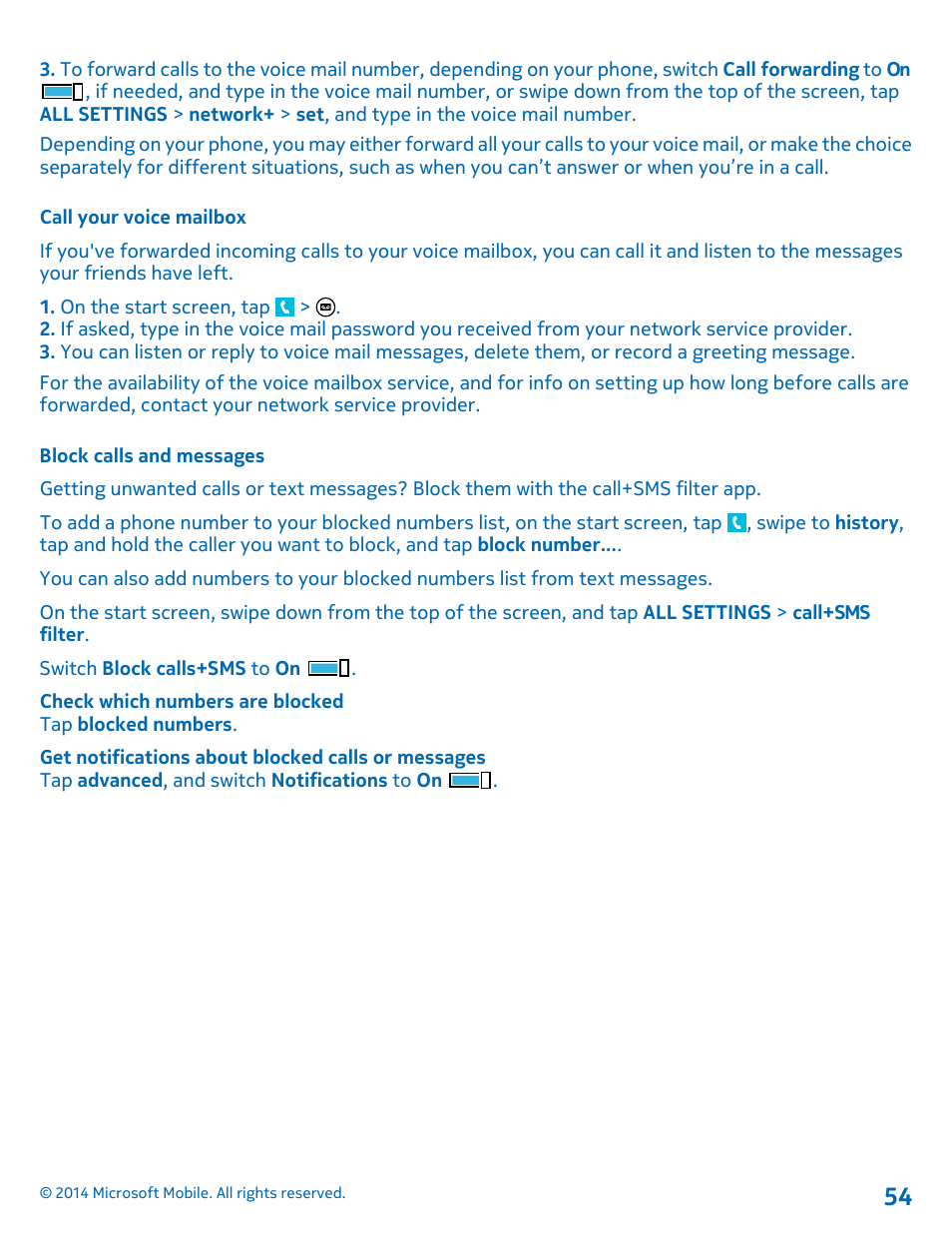 Call your voice mailbox, Block calls and messages | Nokia Lumia 520 User Manual | Page 54 / 113