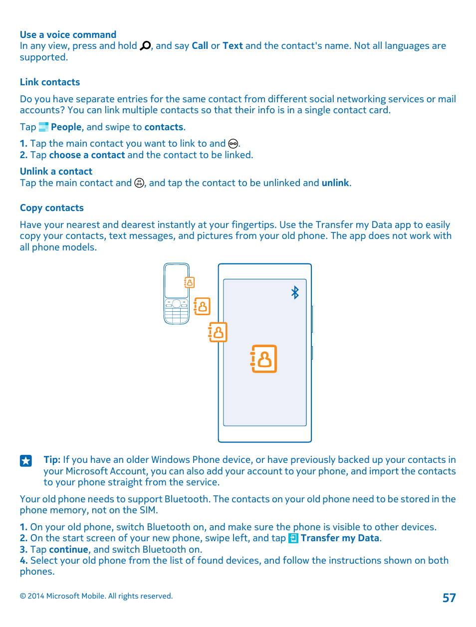 Link contacts, Copy contacts | Nokia Lumia 520 User Manual | Page 57 / 113