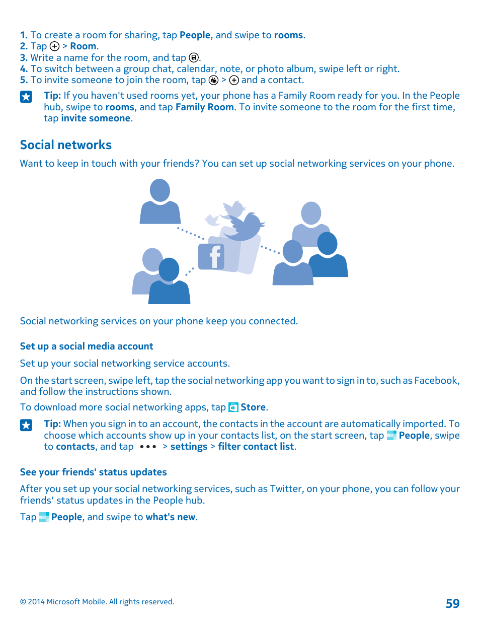 Social networks, Set up a social media account, See your friends' status updates | Nokia Lumia 520 User Manual | Page 59 / 113