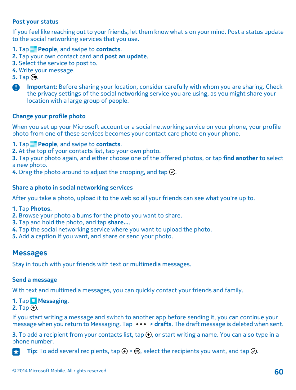 Post your status, Change your profile photo, Share a photo in social networking services | Messages, Send a message | Nokia Lumia 520 User Manual | Page 60 / 113