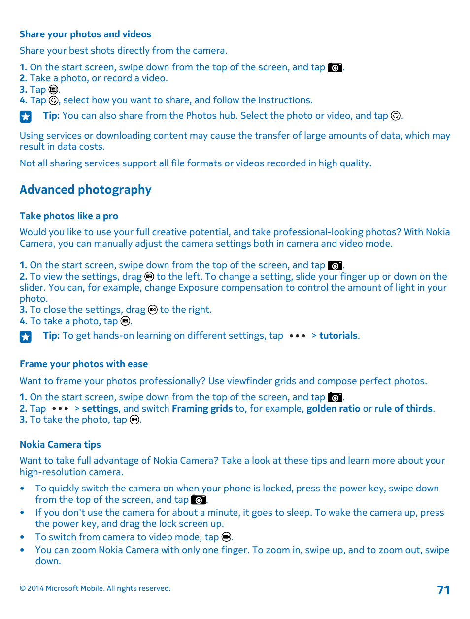 Share your photos and videos, Advanced photography, Take photos like a pro | Frame your photos with ease, Nokia camera tips | Nokia Lumia 520 User Manual | Page 71 / 113