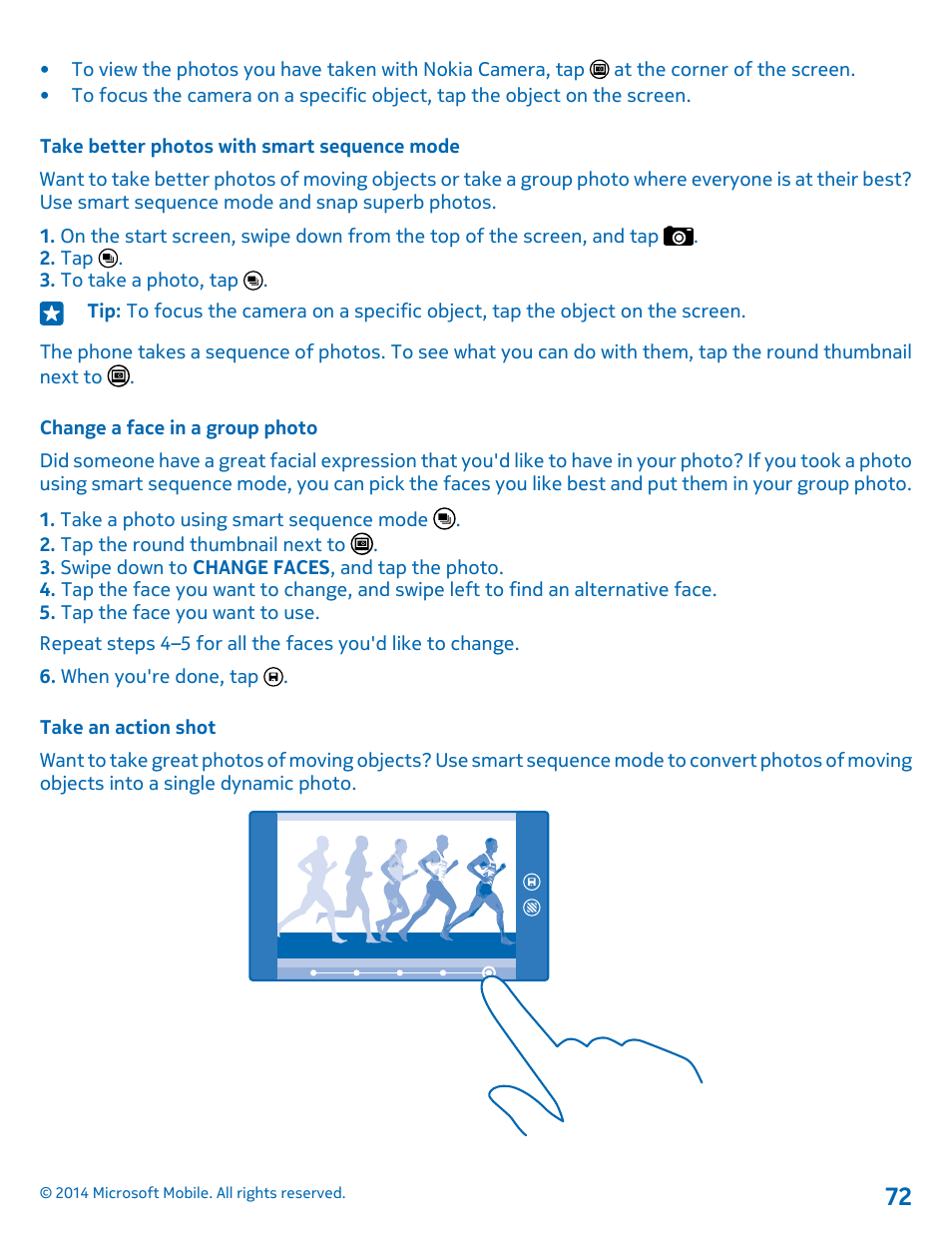 Take better photos with smart sequence mode, Change a face in a group photo, Take an action shot | Nokia Lumia 520 User Manual | Page 72 / 113