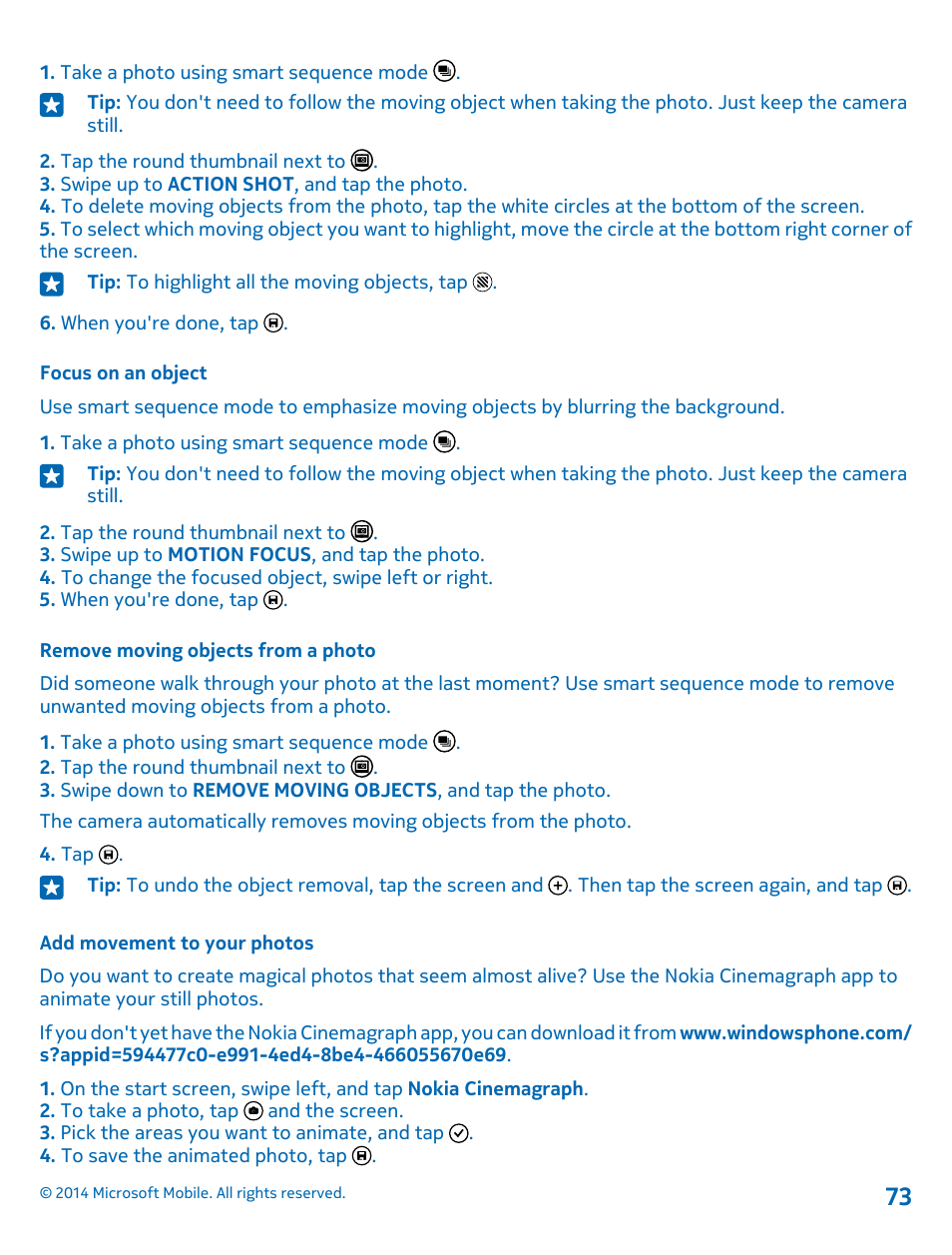 Focus on an object, Remove moving objects from a photo, Add movement to your photos | Nokia Lumia 520 User Manual | Page 73 / 113