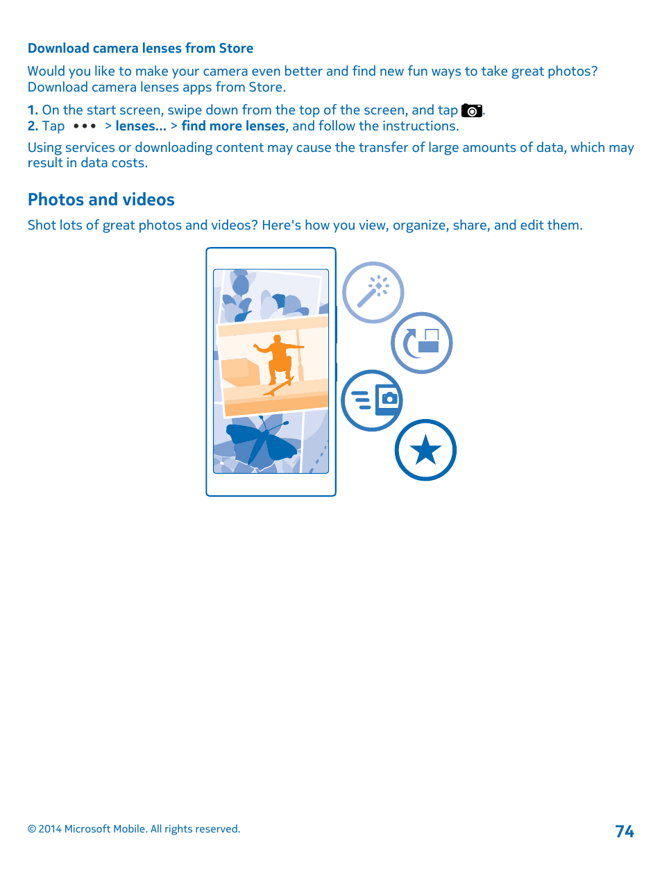 Download camera lenses from store, Photos and videos | Nokia Lumia 520 User Manual | Page 74 / 113