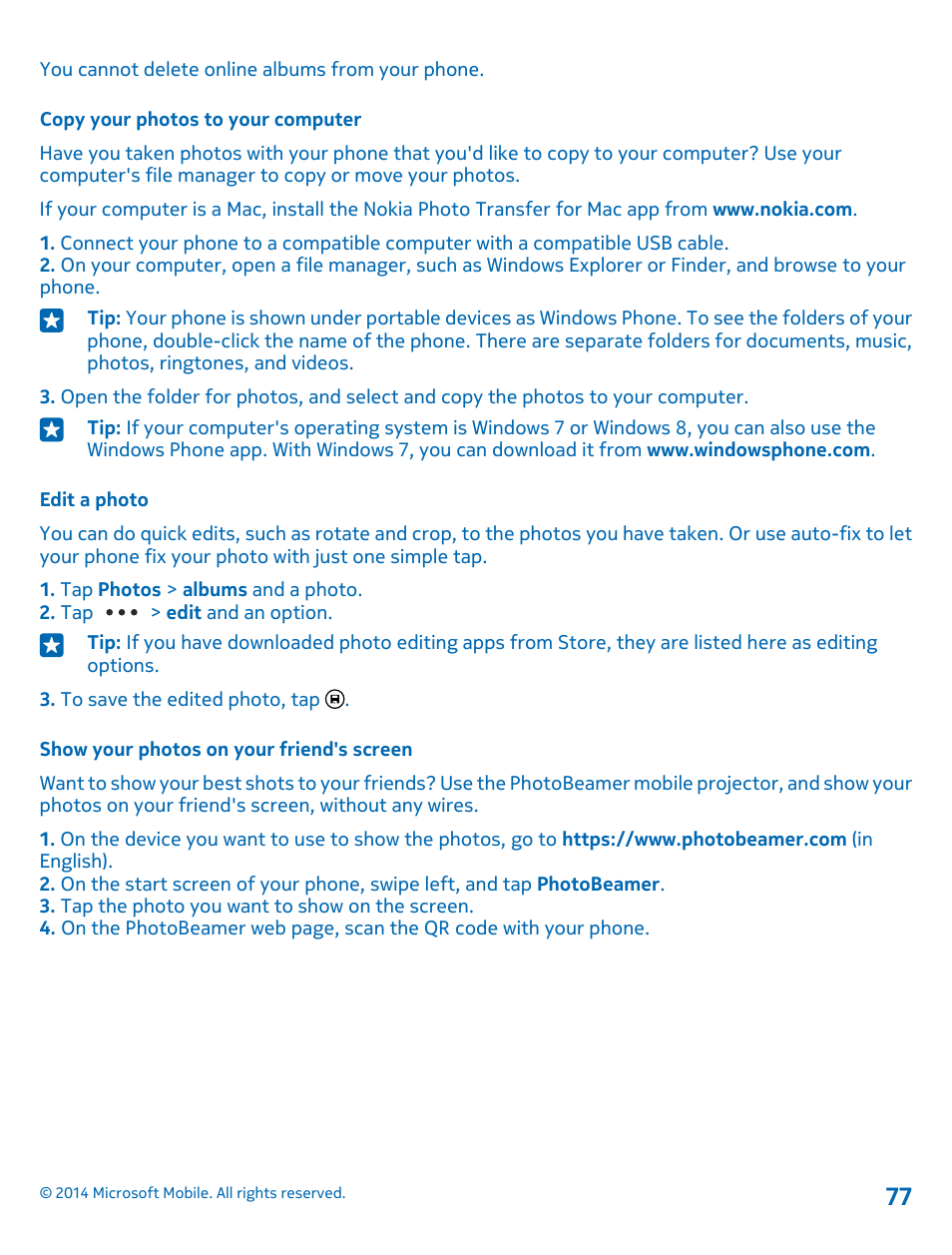 Copy your photos to your computer, Edit a photo, Show your photos on your friend's screen | Nokia Lumia 520 User Manual | Page 77 / 113
