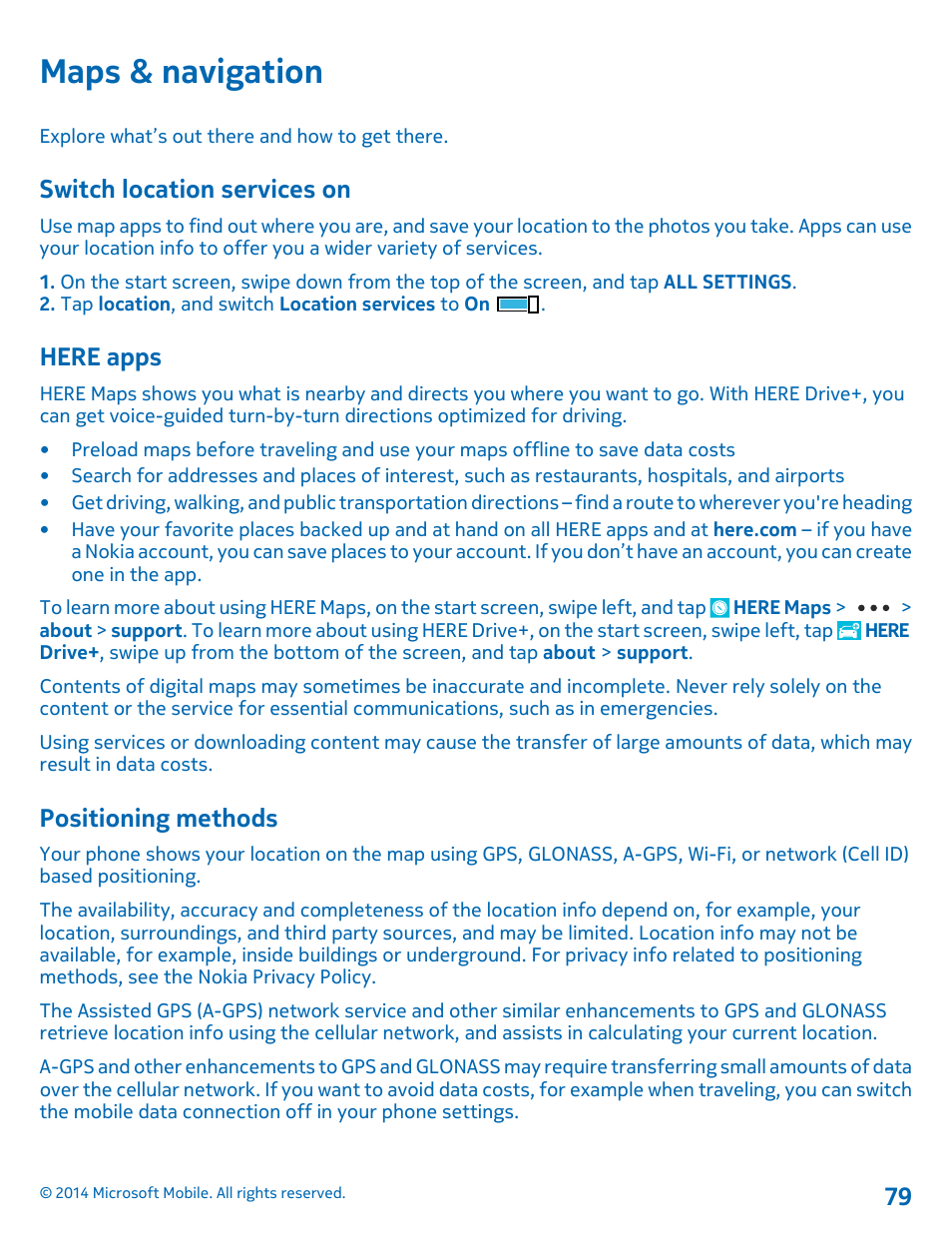 Maps & navigation, Switch location services on, Here apps | Positioning methods | Nokia Lumia 520 User Manual | Page 79 / 113