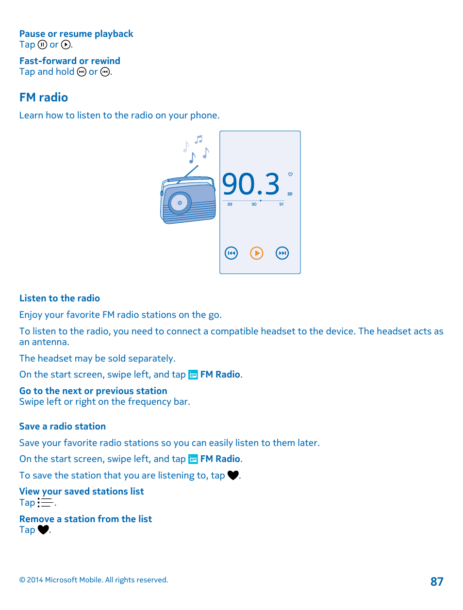 Fm radio, Listen to the radio, Save a radio station | Nokia Lumia 520 User Manual | Page 87 / 113