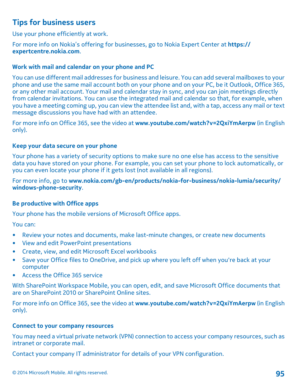 Tips for business users, Work with mail and calendar on your phone and pc, Keep your data secure on your phone | Be productive with office apps, Connect to your company resources | Nokia Lumia 520 User Manual | Page 95 / 113