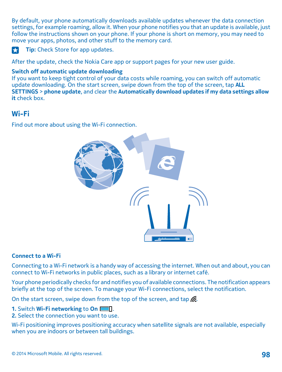 Wi-fi, Connect to a wi-fi | Nokia Lumia 520 User Manual | Page 98 / 113