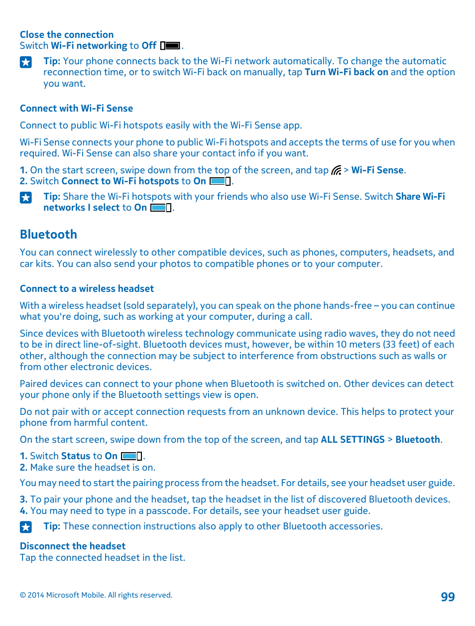 Connect with wi-fi sense, Bluetooth, Connect to a wireless headset | Nokia Lumia 520 User Manual | Page 99 / 113