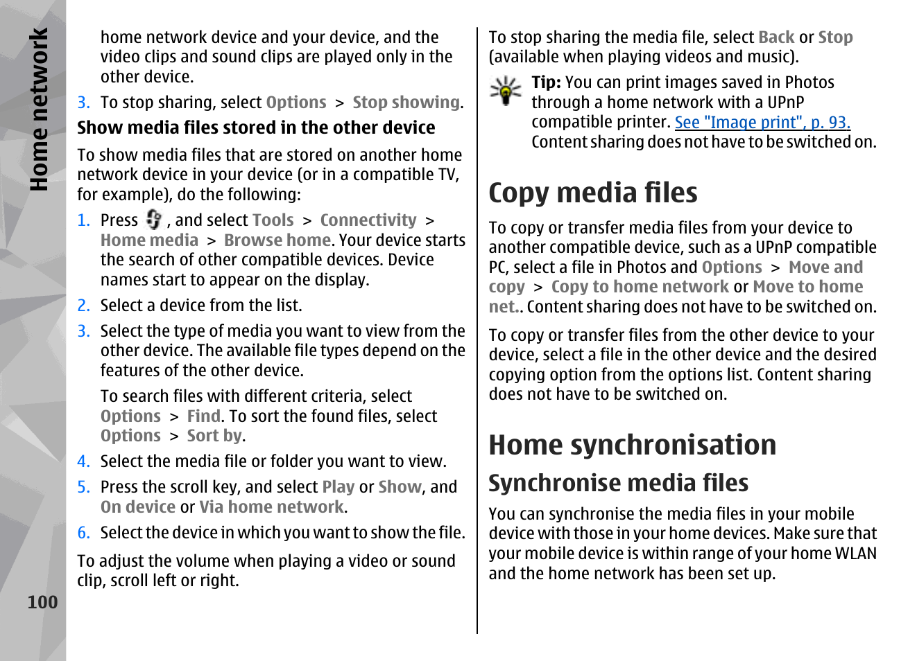 Copy media files, Home synchronisation, Synchronise media files | Home network | Nokia N79 User Manual | Page 100 / 398