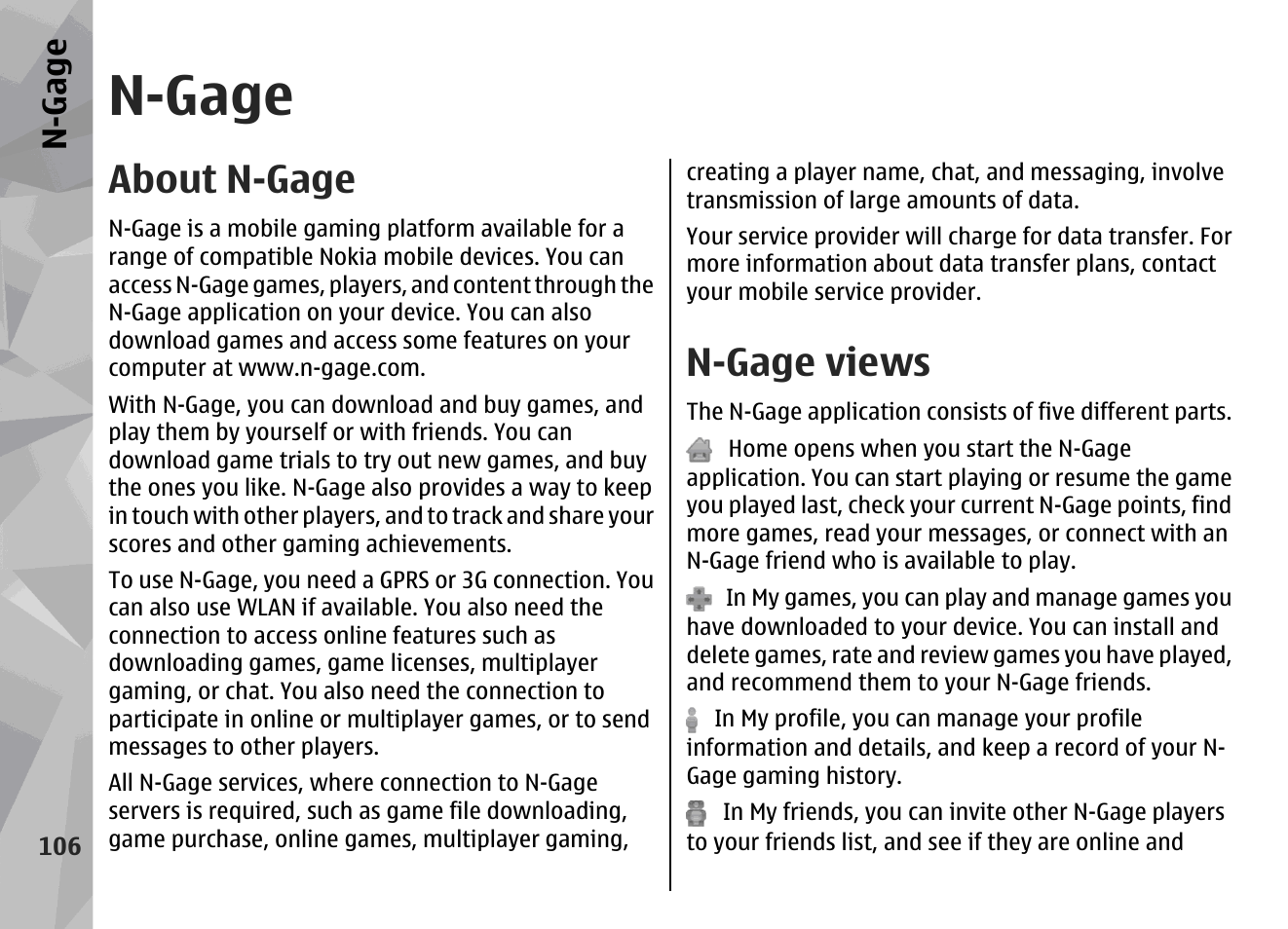 N-gage, About n-gage, N-gage views | Nokia N79 User Manual | Page 106 / 398