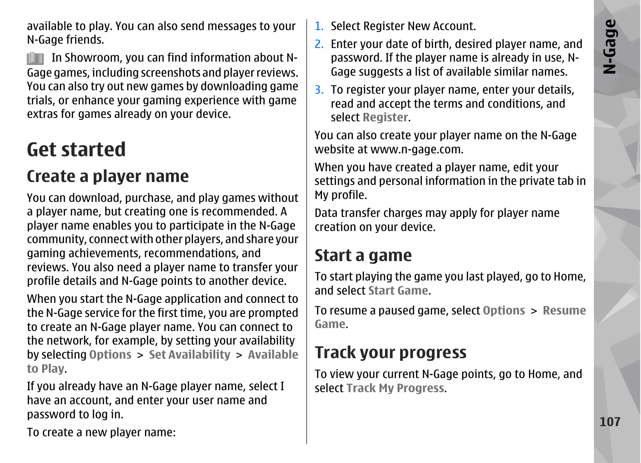 Get started, Create a player name, Start a game | Track your progress, N-gage | Nokia N79 User Manual | Page 107 / 398