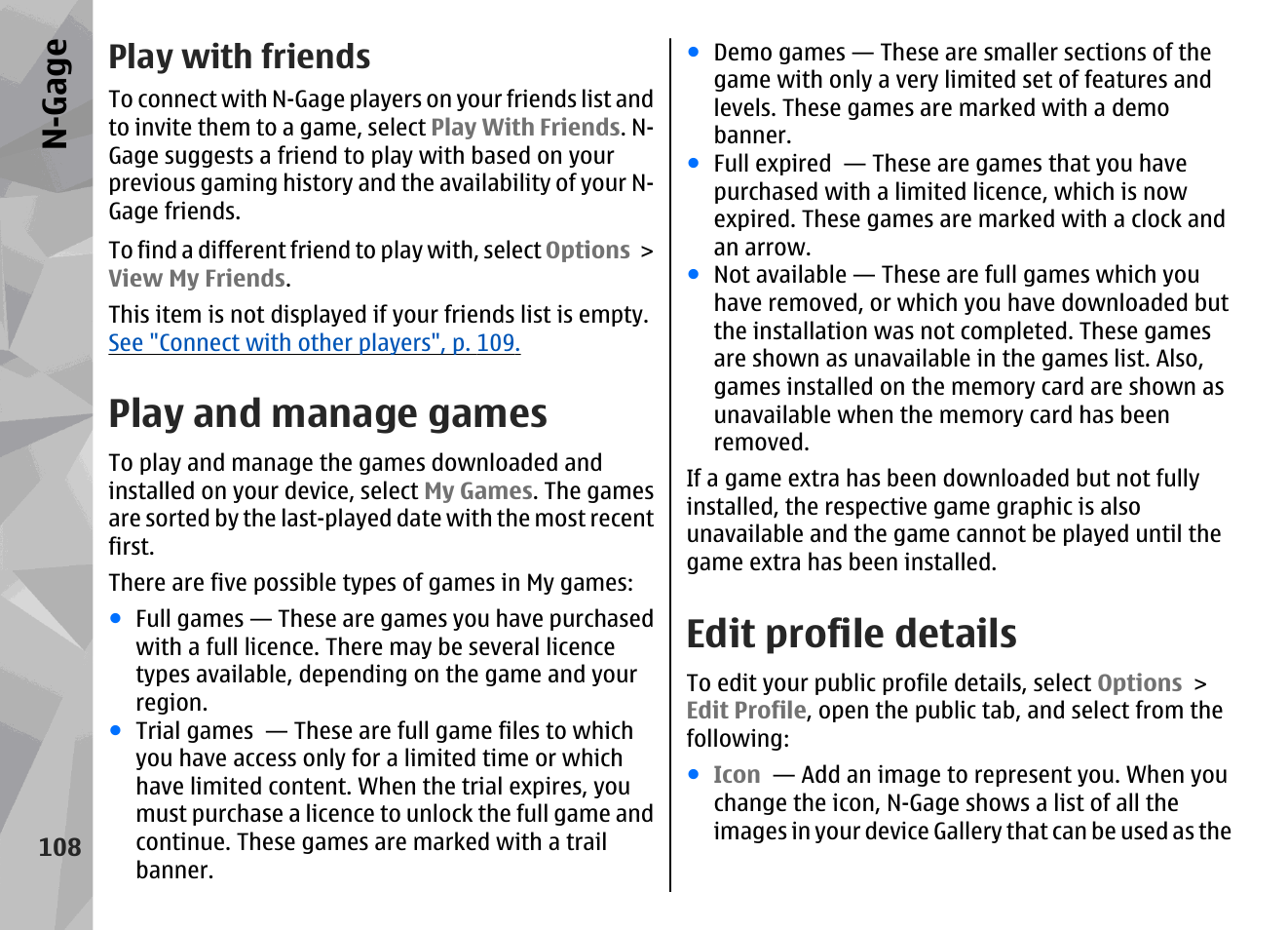 Play with friends, Play and manage games, Edit profile details | N-gage | Nokia N79 User Manual | Page 108 / 398
