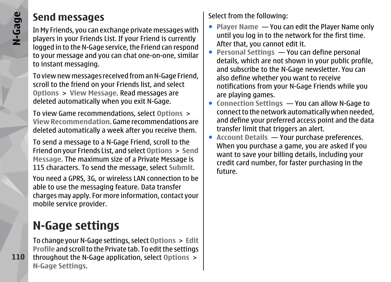 Send messages, N-gage settings, N-gage | Nokia N79 User Manual | Page 110 / 398