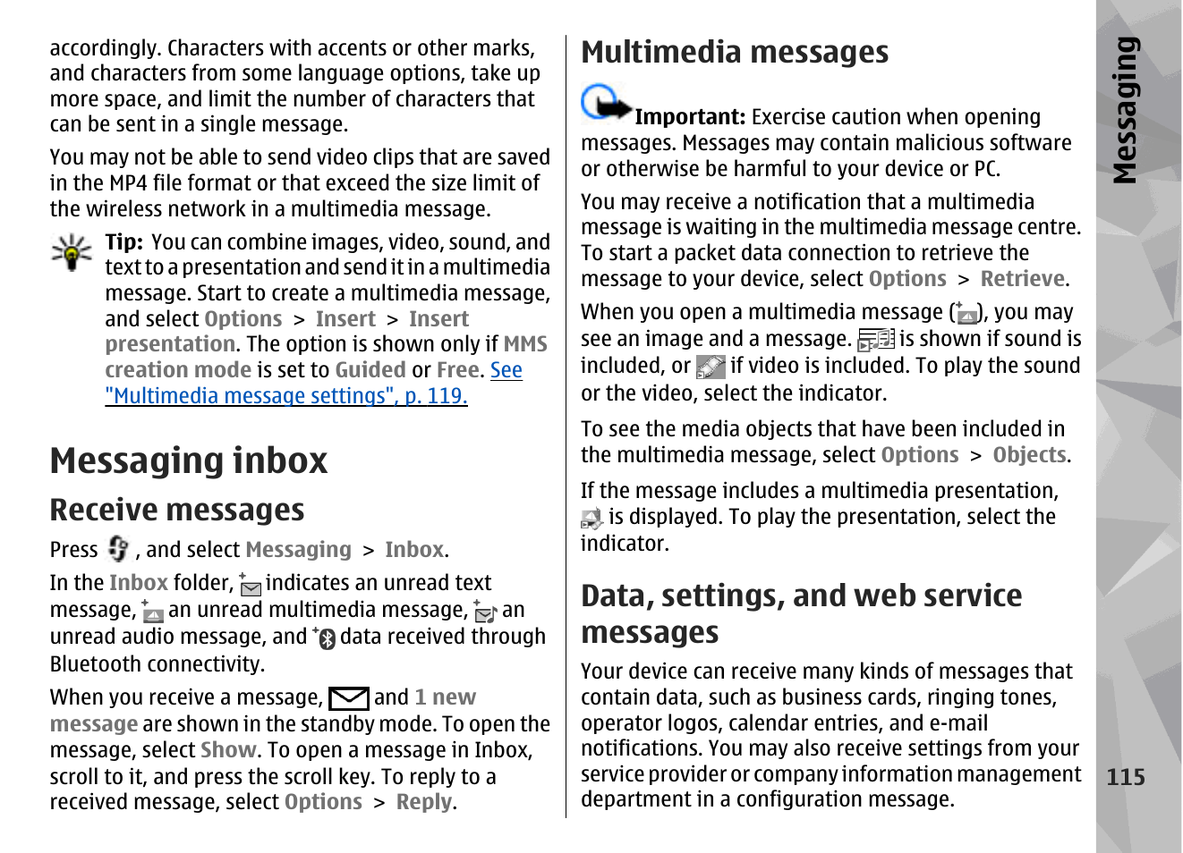 Messaging inbox, Receive messages, Multimedia messages | Data, settings, and web service messages, Messaging | Nokia N79 User Manual | Page 115 / 398