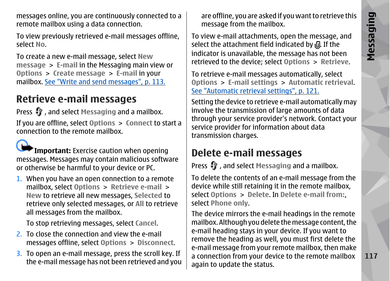 Retrieve e-mail messages, Delete e-mail messages, Messaging | Nokia N79 User Manual | Page 117 / 398