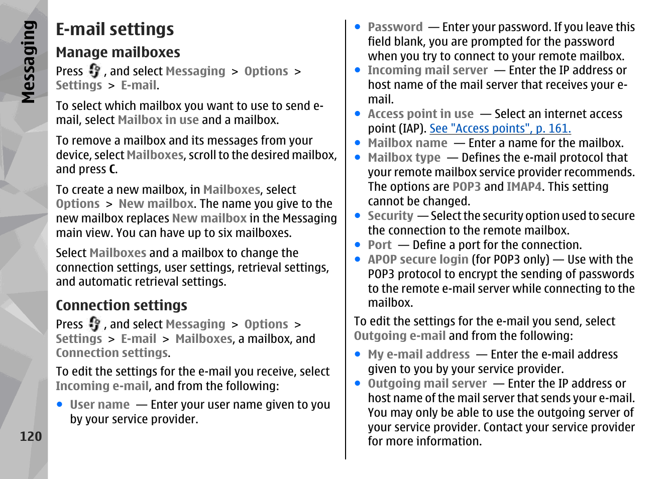 E-mail settings, Manage mailboxes, Connection settings | See "e-mail, Settings", p. 120, Messaging | Nokia N79 User Manual | Page 120 / 398