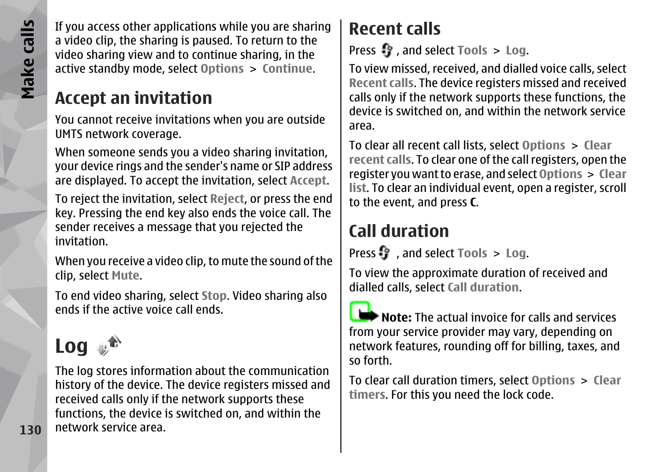 Accept an invitation, Recent calls, Call duration | Make call s | Nokia N79 User Manual | Page 130 / 398