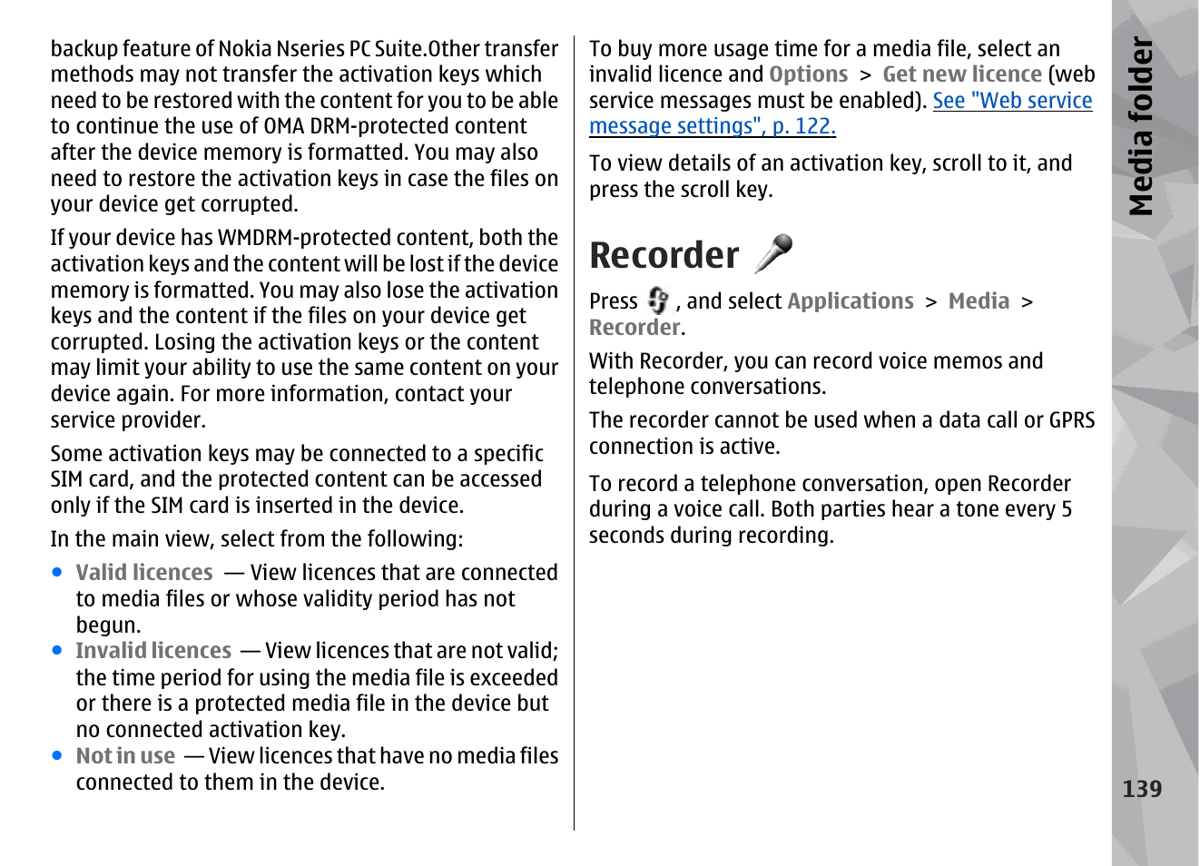 Recorder, Media fol der | Nokia N79 User Manual | Page 139 / 398