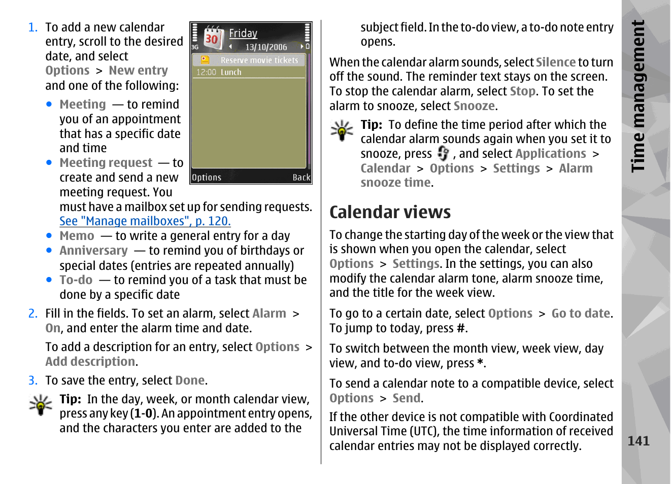 Calendar views, Ti me ma nag eme nt | Nokia N79 User Manual | Page 141 / 398