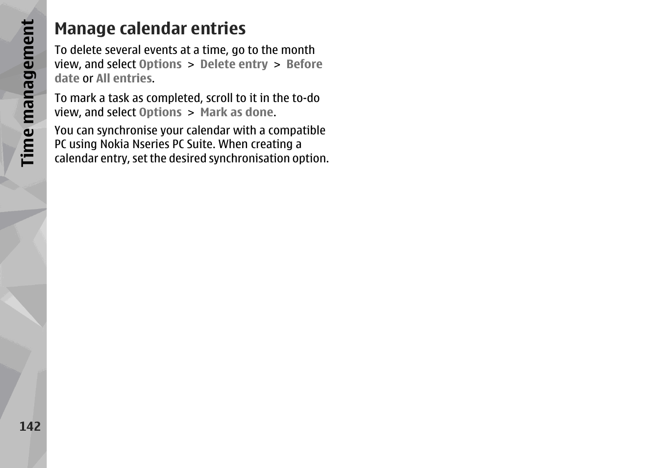 Manage calendar entries, Ti me ma nag eme nt | Nokia N79 User Manual | Page 142 / 398