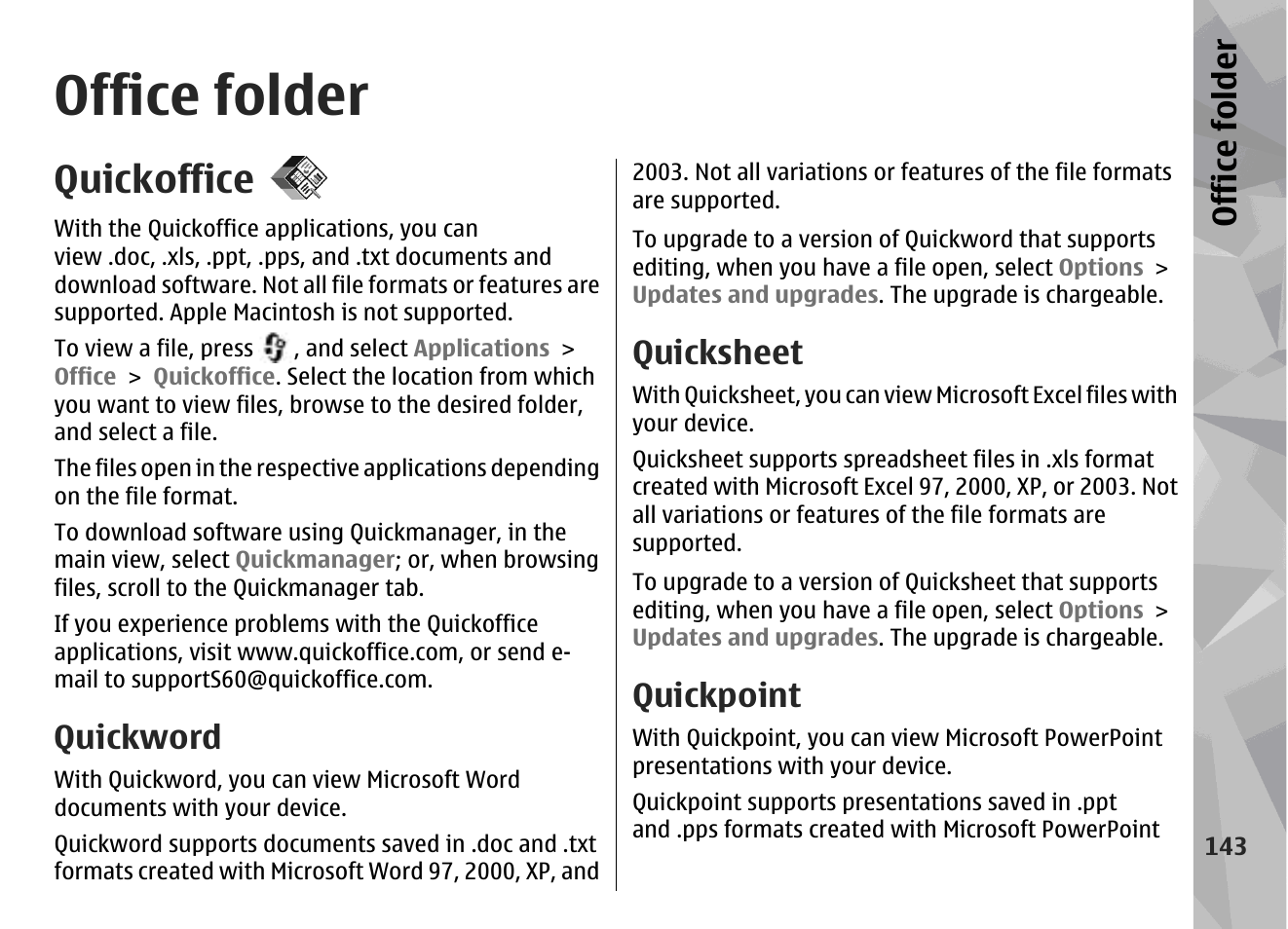 Office folder, Quickoffice, Quickword | Quicksheet, Quickpoint | Nokia N79 User Manual | Page 143 / 398
