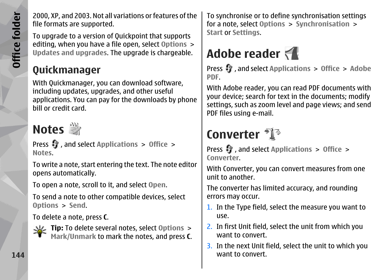 Quickmanager, Notes, Adobe reader | Converter, Office folder | Nokia N79 User Manual | Page 144 / 398