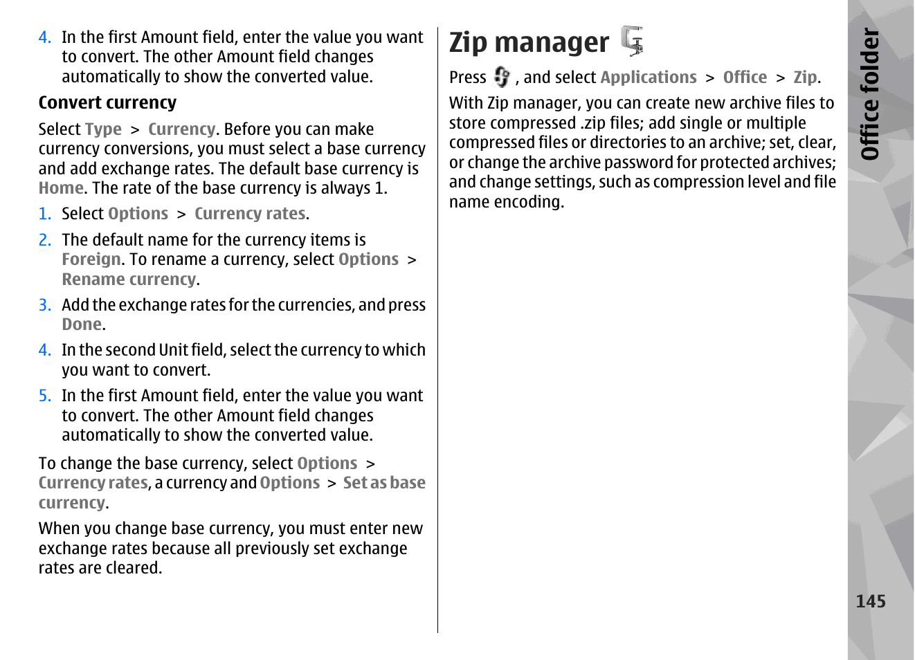 Zip manager, Office folder | Nokia N79 User Manual | Page 145 / 398