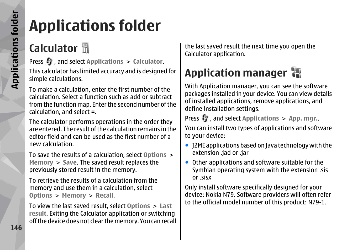 Applications folder, Calculator, Application manager | Appl icati ons fol der | Nokia N79 User Manual | Page 146 / 398