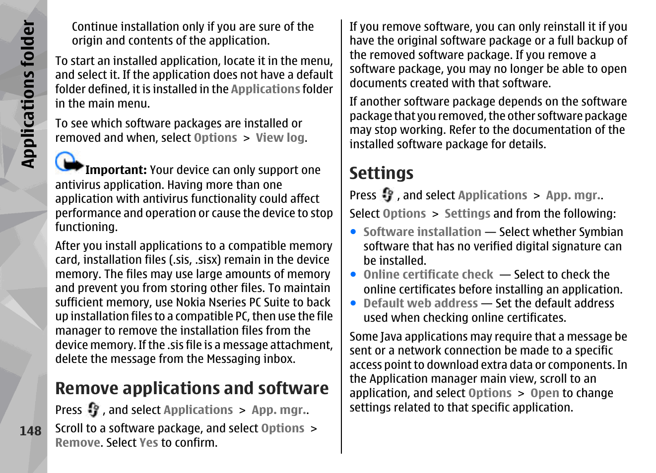 Remove applications and software, Settings, Appl icati ons fol der | Nokia N79 User Manual | Page 148 / 398