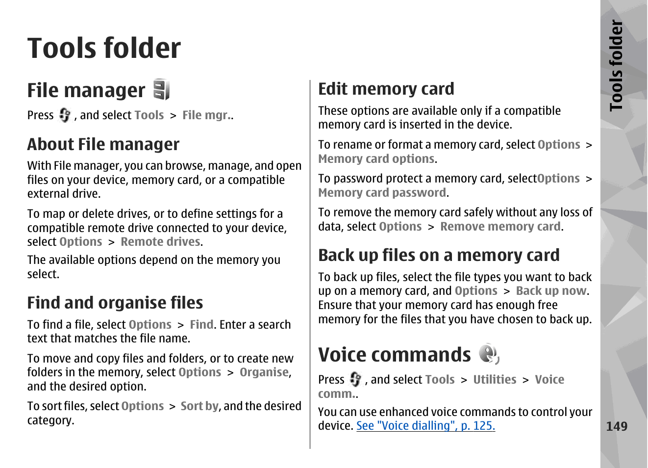 Tools folder, File manager, About file manager | Find and organise files, Edit memory card, Back up files on a memory card, Voice commands | Nokia N79 User Manual | Page 149 / 398