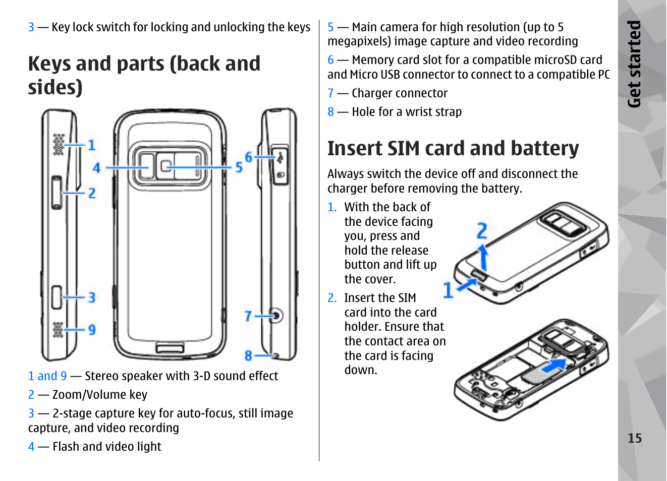 Keys and parts (back and sides), Insert sim card and battery, Get started | Nokia N79 User Manual | Page 15 / 398