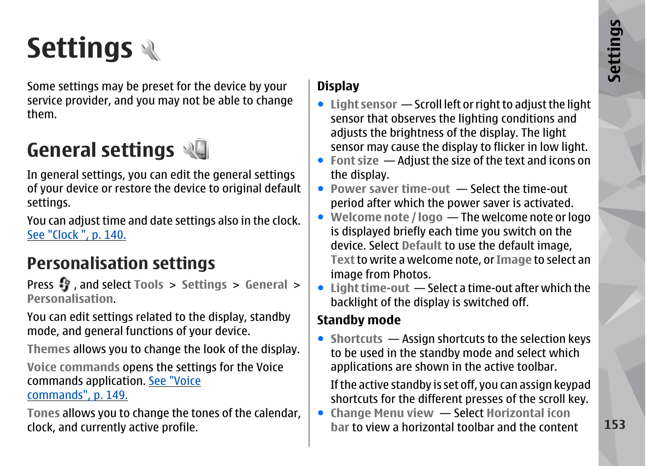 Settings, General settings, Personalisation settings | Se ttings | Nokia N79 User Manual | Page 153 / 398