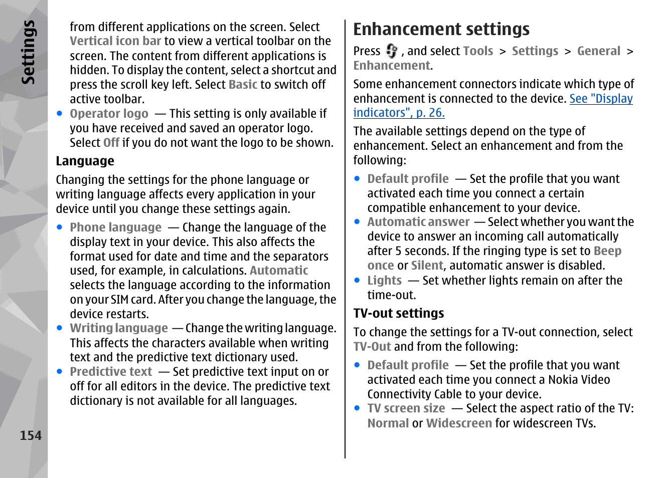 Enhancement settings, Se ttings | Nokia N79 User Manual | Page 154 / 398
