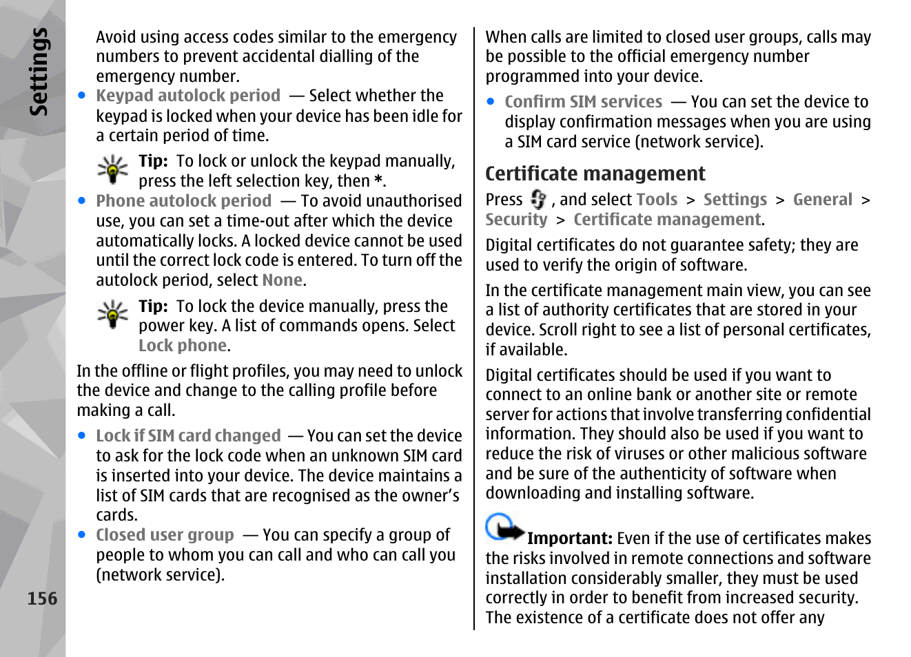 Certificate management, Se ttings | Nokia N79 User Manual | Page 156 / 398