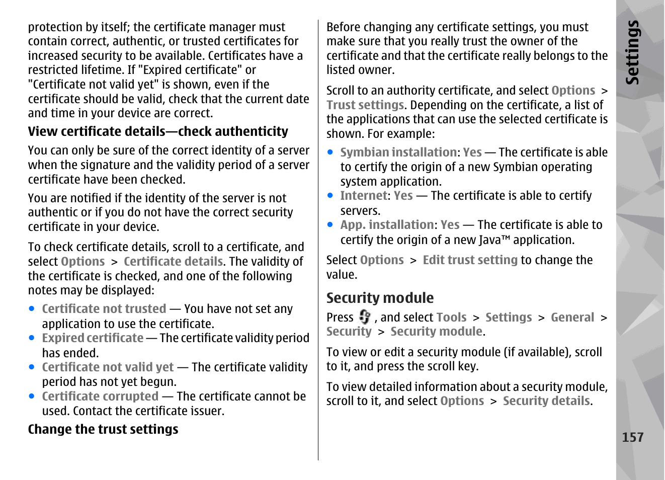Security module, Se ttings | Nokia N79 User Manual | Page 157 / 398