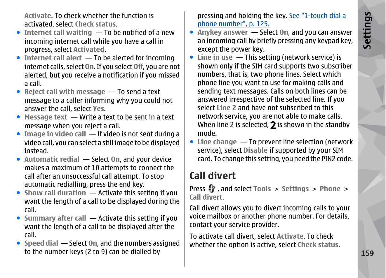 Call divert, Se ttings | Nokia N79 User Manual | Page 159 / 398