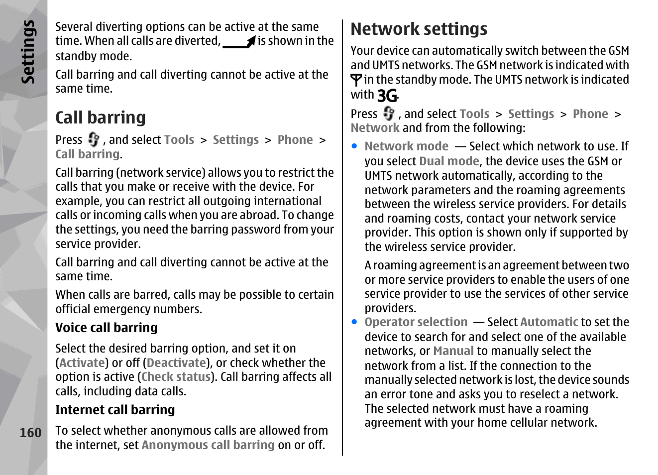 Call barring, Network settings, Se ttings | Nokia N79 User Manual | Page 160 / 398