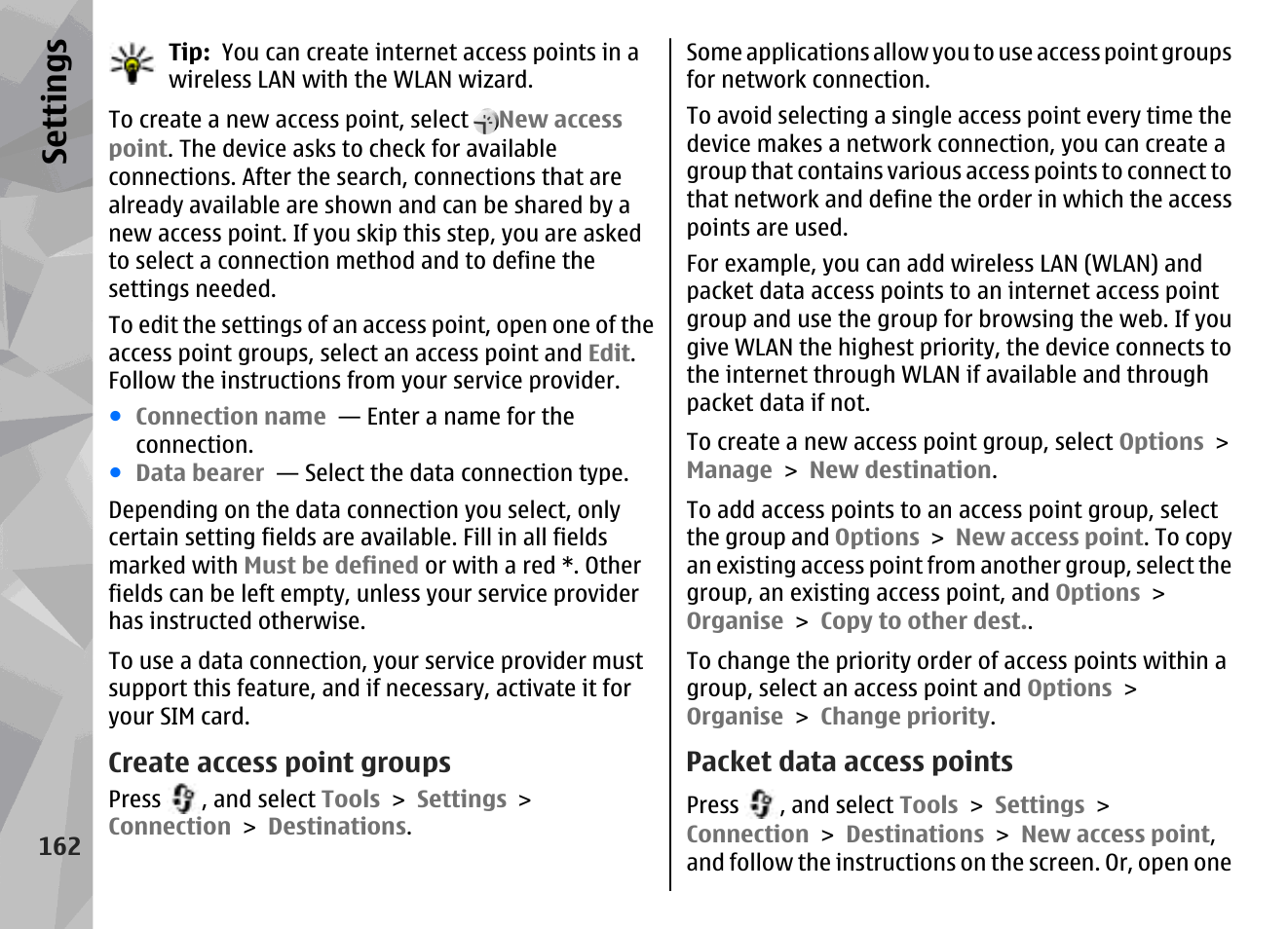 Create access point groups, Packet data access points, Se ttings | Nokia N79 User Manual | Page 162 / 398