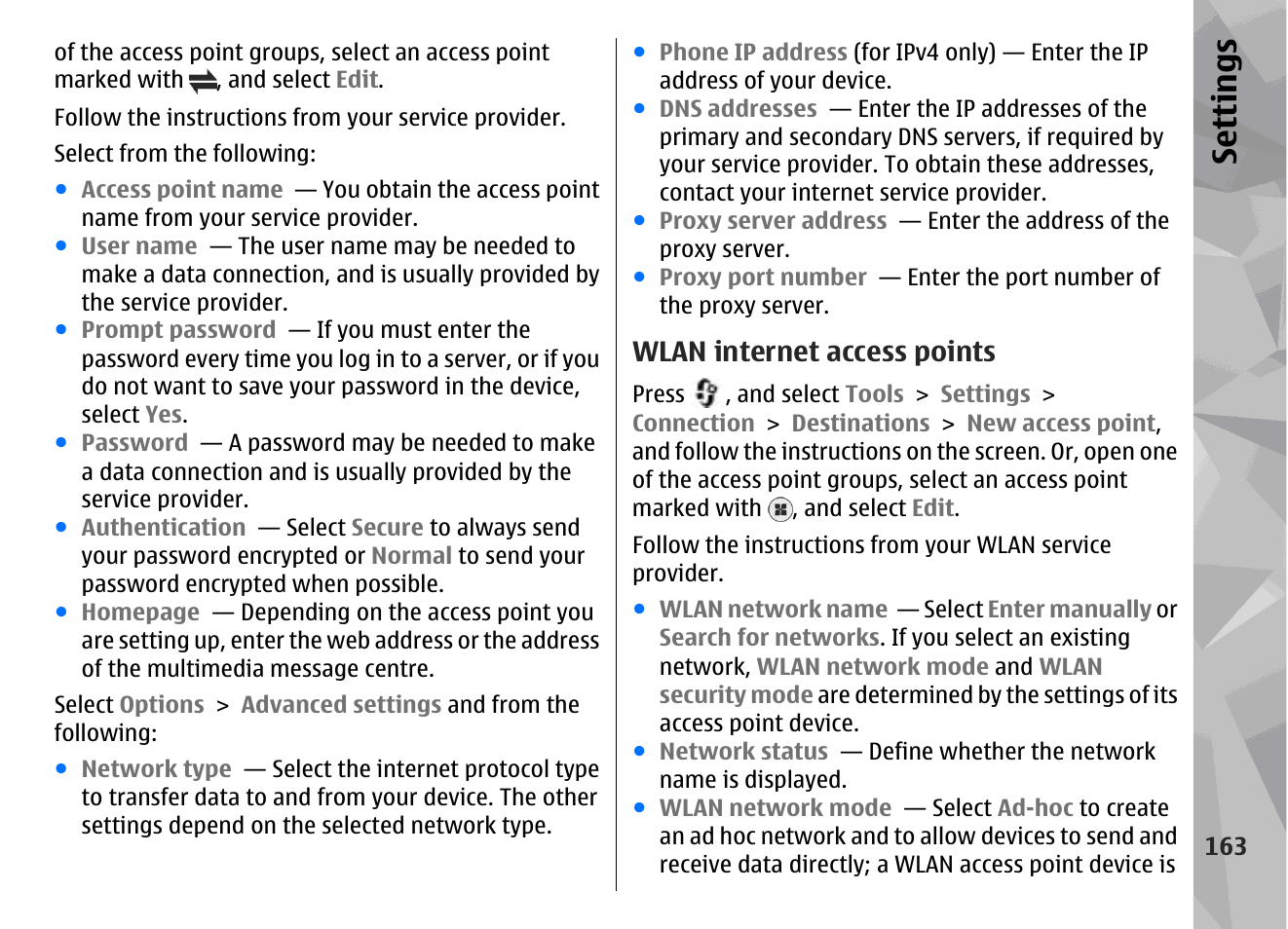Wlan internet access points, Se ttings | Nokia N79 User Manual | Page 163 / 398