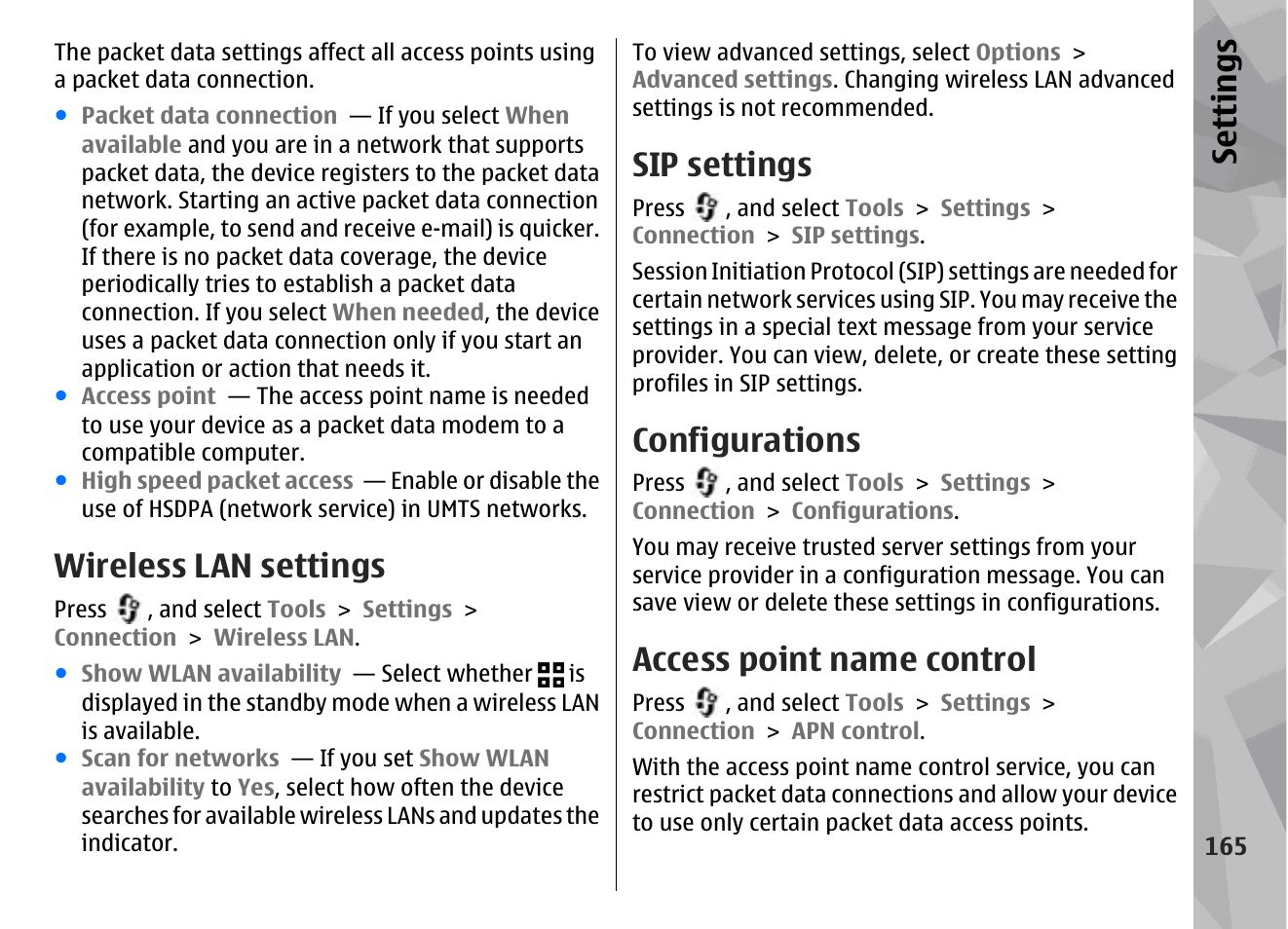 Wireless lan settings, Sip settings, Configurations | Access point name control, Se ttings | Nokia N79 User Manual | Page 165 / 398