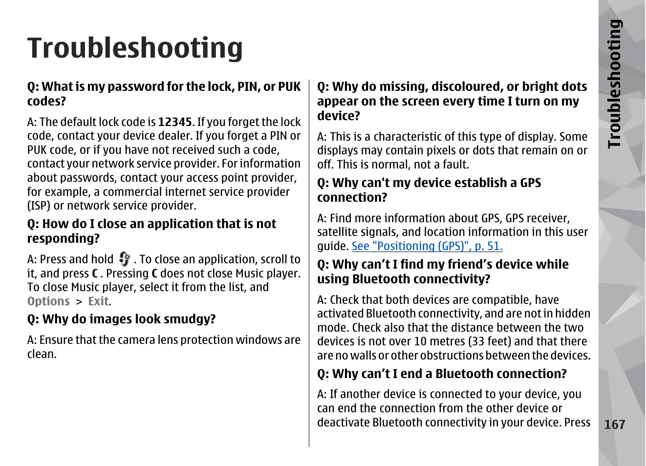 Troubleshooting, Troubl es hooti ng | Nokia N79 User Manual | Page 167 / 398
