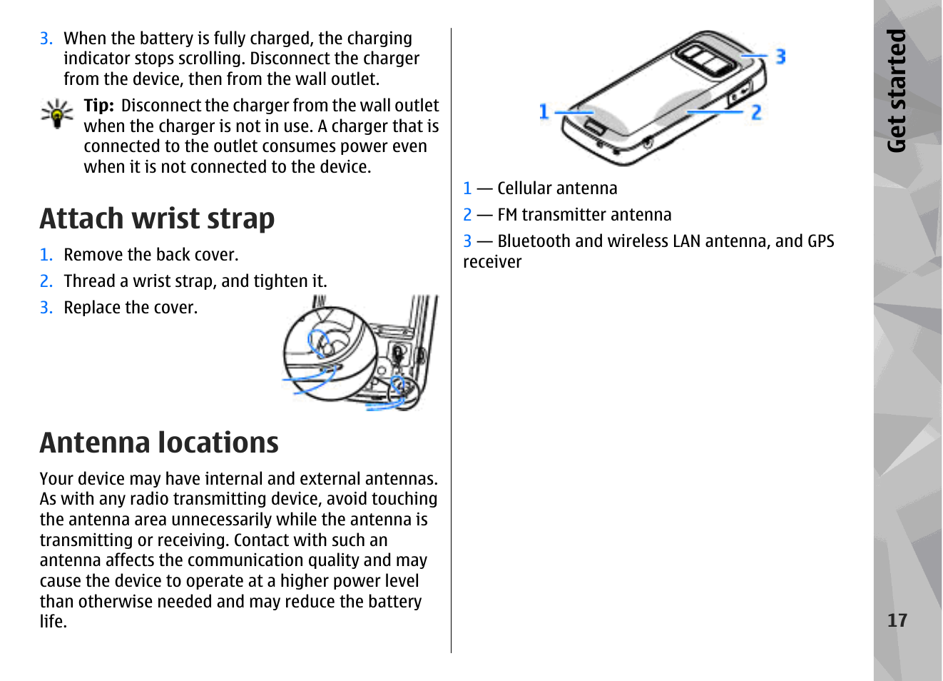 Attach wrist strap, Antenna locations, Get started | Nokia N79 User Manual | Page 17 / 398